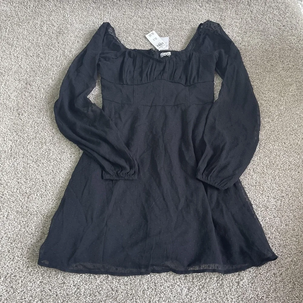 Hollister Dress Womens S Black Long Sleeve Square Neck Smocked Ruffle Mini